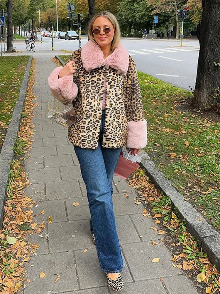 Aiertu  -  casual winter outfits Faux Fur Lapel Patchwork Female Jacket Leopard Loose Print Women Coat Lapel 2024 Vintage Winter  Single Breasted Lady Outwear Aiertu