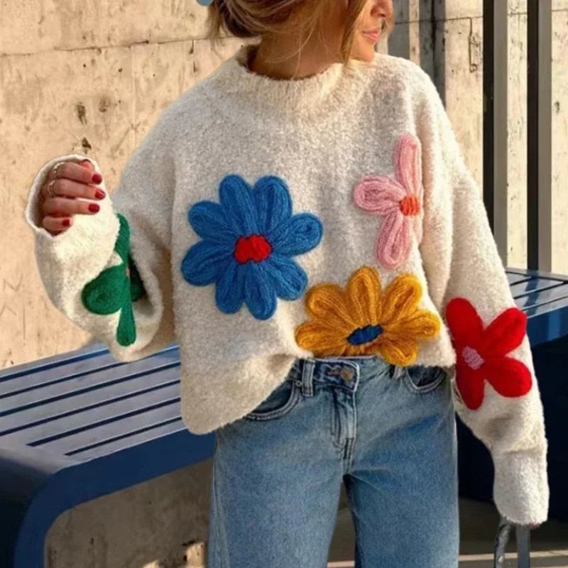 Aiertu  -  Crochet Flower Pullover Knitted Sweater Women's Fashion Loose Lantern Long Sleeve Embroidery Knit Top Streetwear Fashion Aiertu