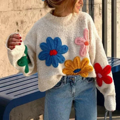 Aiertu  -  Crochet Flower Pullover Knitted Sweater Women's Fashion Loose Lantern Long Sleeve Embroidery Knit Top Streetwear Fashion Aiertu