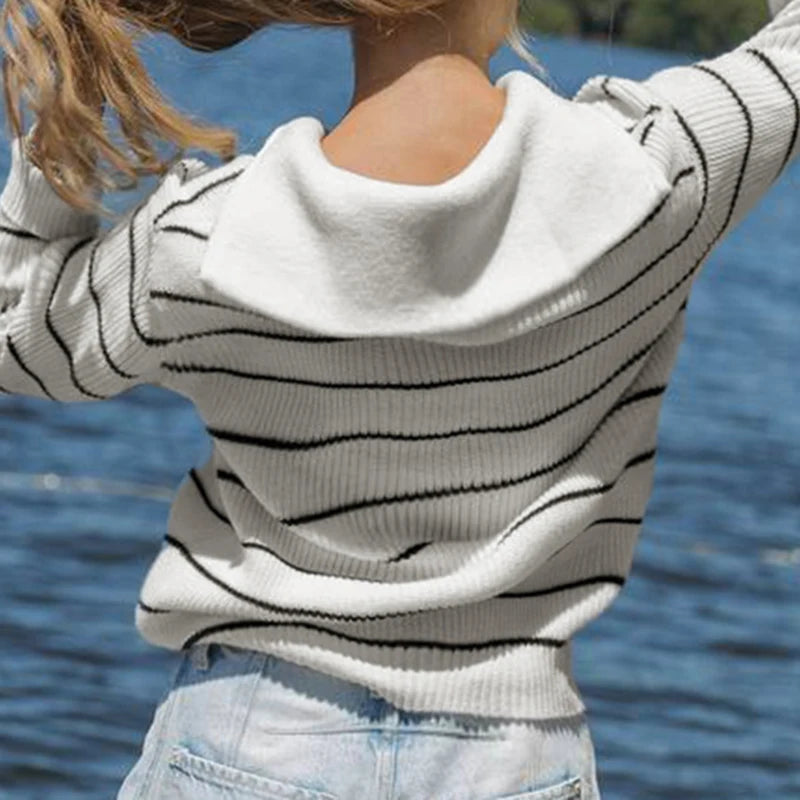 Aiertu  -  cold weather outfits Women Casual Striped Sweater Turndown Collar Zipper Knitted Long Sleeve Jumper Fashion Ladies Minimalism Knitwear Top Aiertu