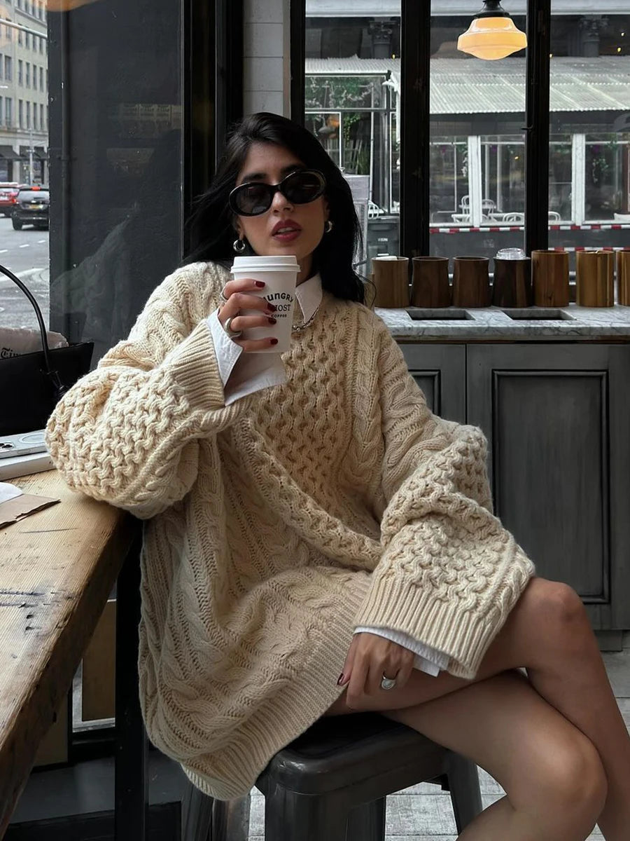 Aiertu  -   Twisted Flower Loose Sweater Women Winter New Round Neck Long Sleeve Oversized Jumper Female Simple Casual Knitted Pullover Tops Aiertu