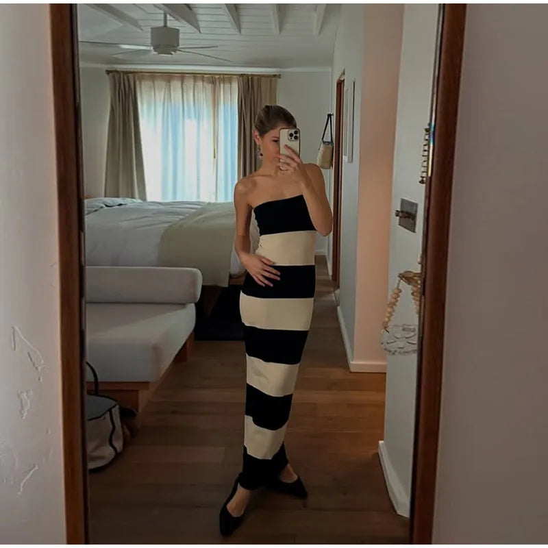 Aiertu  -  Knitted Striped Tube Tops Long Dress Long Jacket Women Set Backless Robe Long Sleeved Single Breasted Jacket Spring Summer Suit Aiertu