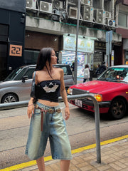 Aiertu  Knee-long Women Denim Shorts Gradient Blue Wash Cropped Jeans Straight Wide Leg Casual Pants Y2k Vintage Streetwear Aiertu