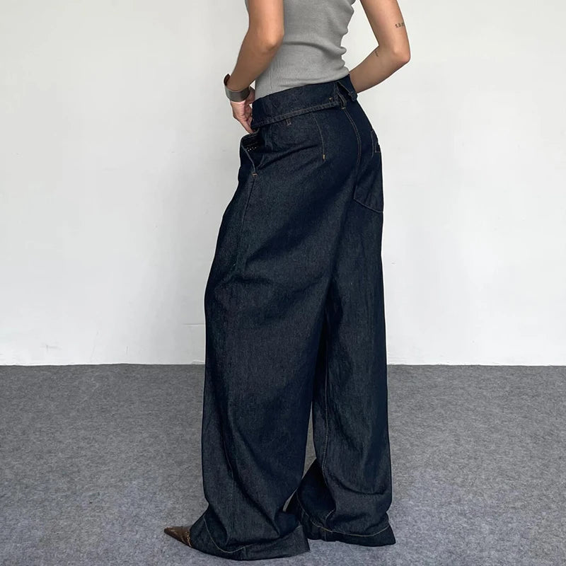 Aiertu  Stylish Y2K Fold Over Waist Baggy Jeans Dark Blue Vintage Casual High Street Loose Denim Straight Pants Elegant Lady Aiertu