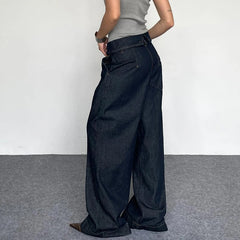 Aiertu  Stylish Y2K Fold Over Waist Baggy Jeans Dark Blue Vintage Casual High Street Loose Denim Straight Pants Elegant Lady Aiertu