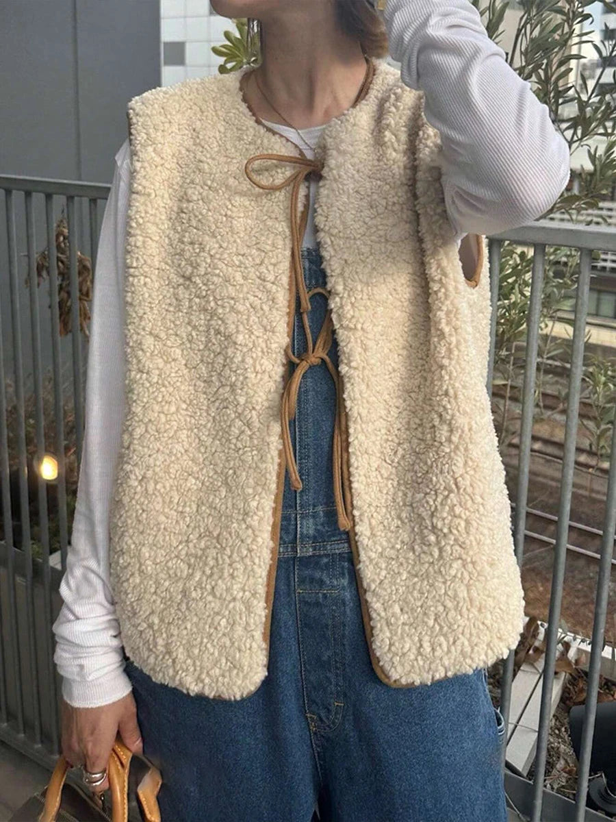 Aiertu  -  Winter New Solid Fleece Vest Jacket Women 2025 Round Neck Lace-up Sleeveless Jackets Simple Casual Fashion Waistcoat Outerwear Aiertu