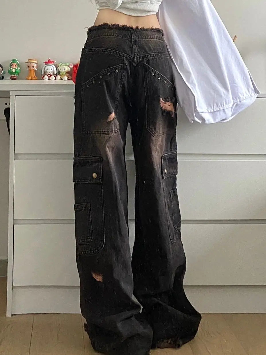 Aiertu  -  American Plus Size Vintage Washed Raw Edge Cargo Jeans Pocket Fashion High Street Straight Loose Fit Wide Leg Mop Long Pants Aiertu