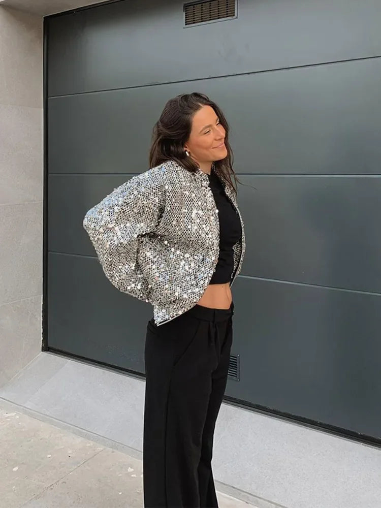 Aiertu  -  Spring Silver Sequins Shiny Bomber Jackets Women Sparkling Sequin Long Sleeve O Neck Coats 2025 New Female Streetwear Outwear Aiertu