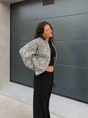 Aiertu  -  Spring Silver Sequins Shiny Bomber Jackets Women Sparkling Sequin Long Sleeve O Neck Coats 2025 New Female Streetwear Outwear Aiertu