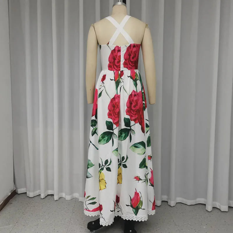 Aiertu  -  Maxi Dress Women's Summer Elegant Floral Print Halter Sleeveless Nipped Waist Pleated Party Holiday Dresses Streetwear Aiertu
