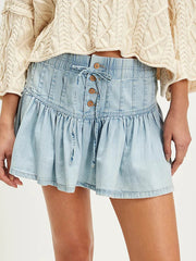 Aiertu  -  Drawstring Denim Mini Skirts For Women Summer Buttons Elastic Waist Short A-line Skirt Simple Casual Fashion Faldas Bottom New Aiertu