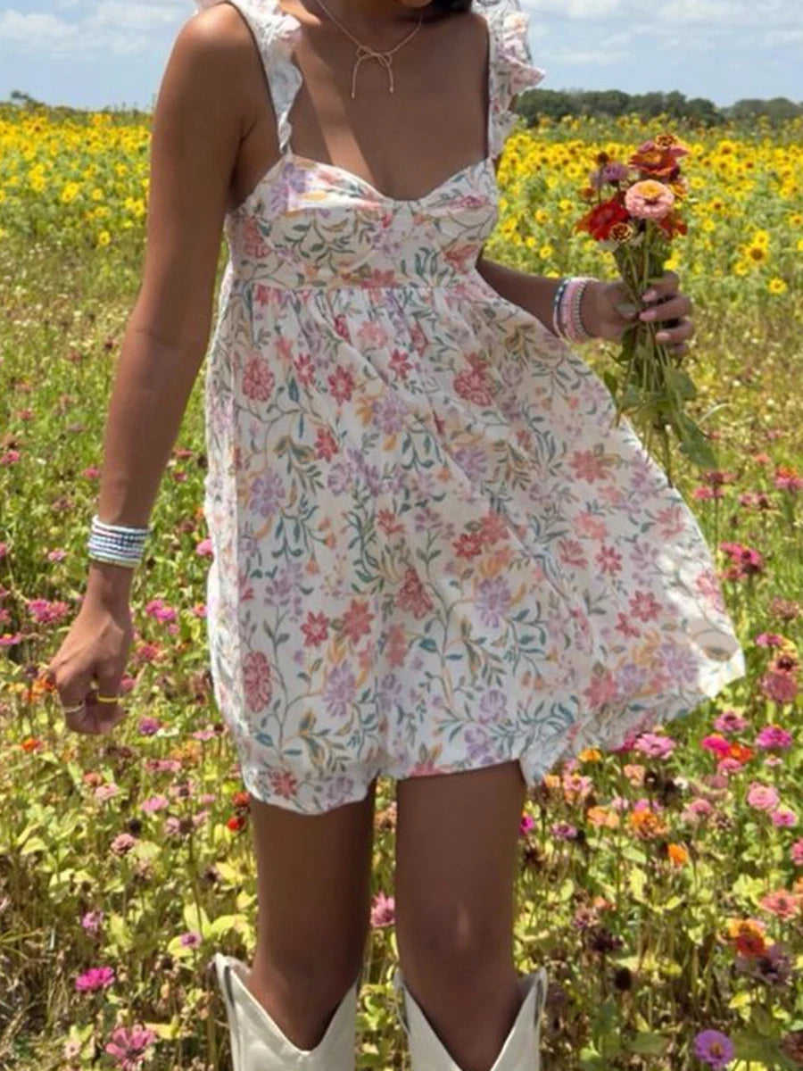 Aiertu  -  Women V-Neck Maxi Dress Sleeveless Ruffle Floral Print Boho Beach Dress Summer Casual Long Dress with Pockets Aiertu