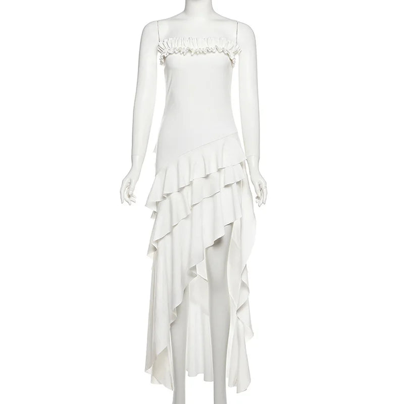 Aiertu  -  Strapless Ruffled Split Long Dresses Elegant Sexy White Asymmetrical Frilly Dresses for Woman Summer Clothes P94-DD49 Aiertu