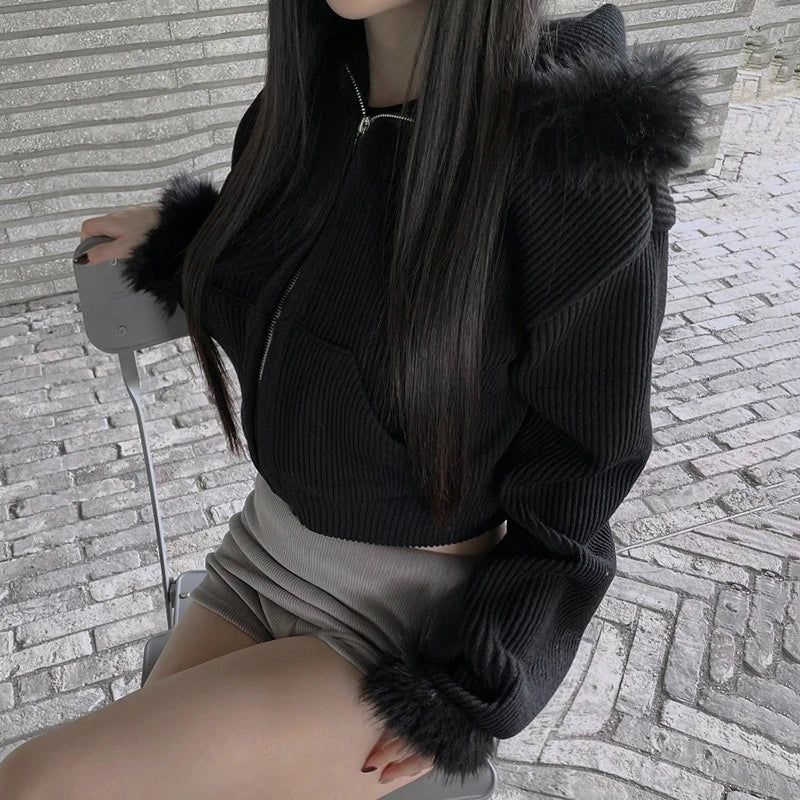 Aiertu  -  Y2K Corduroy Jacket Korean Fashion Women Furry Trim Hoodies 2000s Black Zipepr Coat Autumn Street Harajuku Outwear Aiertu