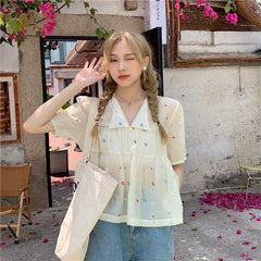 Aiertu Sweet Shirts Women Kawaii Cute Print V Neck Puff Short Sleeve Blouse Student Korean Fashion Embroidery Loose Casual Top Aiertu