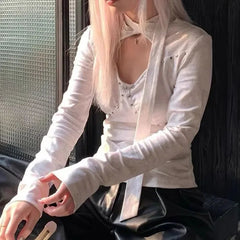 Aiertu  -  American Fashion Popular Hollow Out Design Tops Y2k Aesthetic Streetwear Rivet Nail Punk Women Shirts Harajuku Cross Lace Up Tee Aiertu