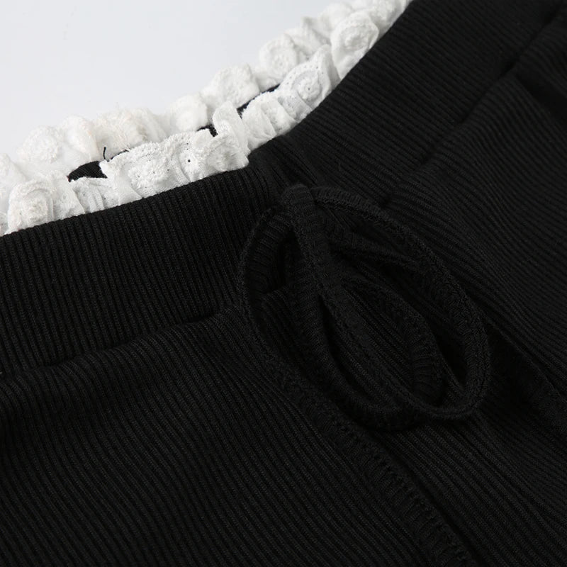 Aiertu  -  Black Knit Flared Leggings Women Kawaii Ruched Patchwork Low Rise Skinny Casual Pants for Summer Streetwear y2k Trousers Aiertu