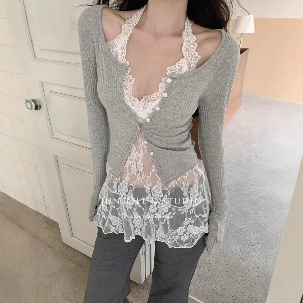 Aiertu  -  Lace bottoming shirt female sweet sexy hot girl perspective lace lace V-neck neck sling stacked inside top Aiertu