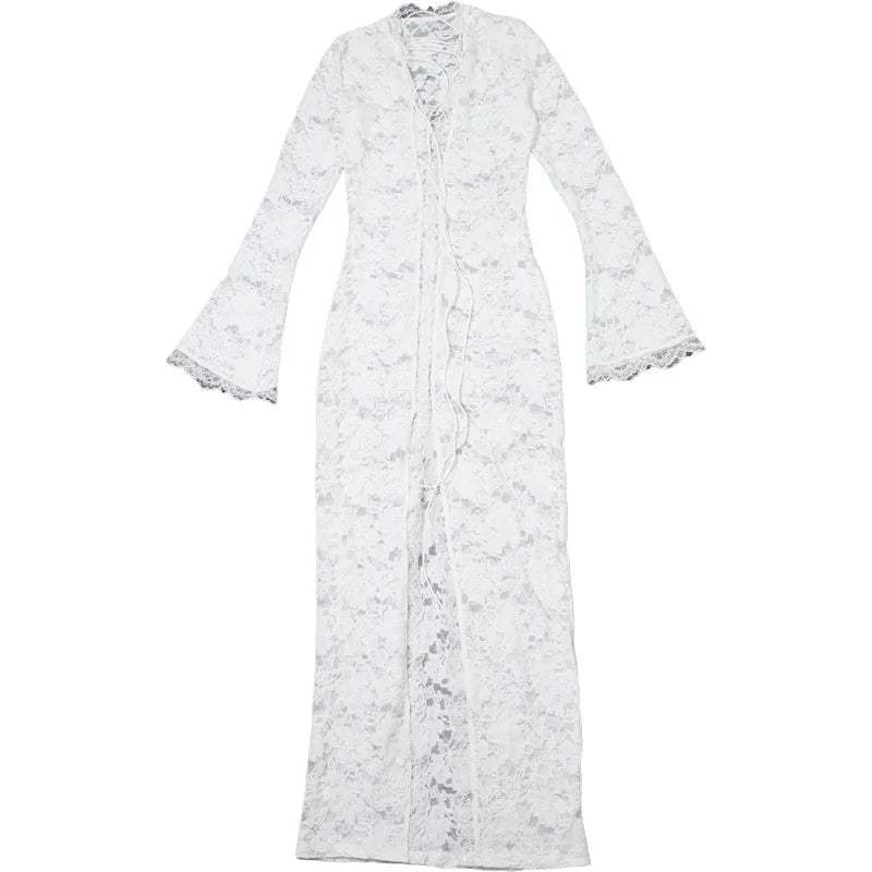 Aiertu  -  Lace Deep V-Neck Embroidery Ruffles Dress Women Sexy Slits See Through Solid Tassel Petal Cuffs Street Elegance Vestidos Aiertu