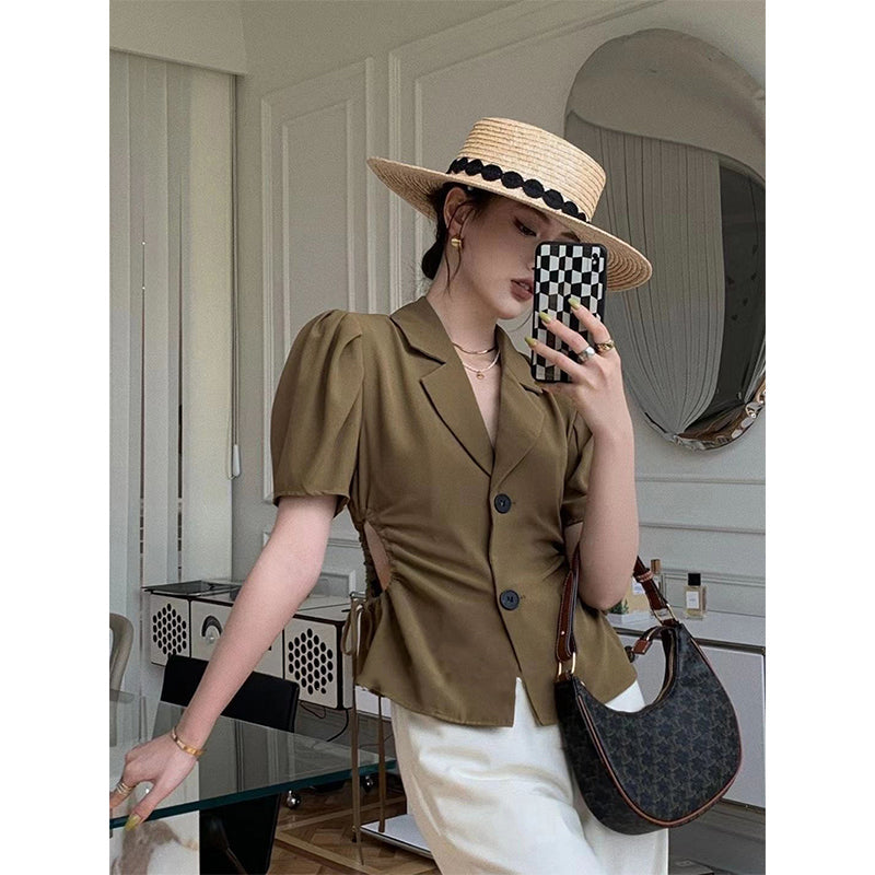 Aiertu Elegant Cropped Shirts Women Vintage Sexy Hollow Out Shirring Blouses Summer Office Ladies Korean Puff Sleeve Chic Tops Aiertu