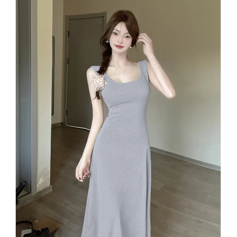 Aiertu  -  Spice Girl Sexy Strap Dress Women's Summer Sleeveless Slim A-line Solid Color Long Dress Fashion Female Clothes Aiertu