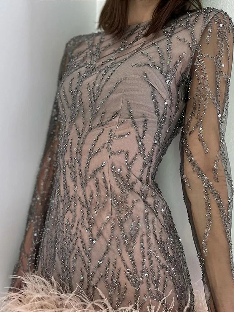 Aiertu  -  Women Fashion Sequins Feather Hem Mini Dress Elegant O-neck Long Sleeve Perspective Dresses 2026 New Sexy Party Club Robes Aiertu