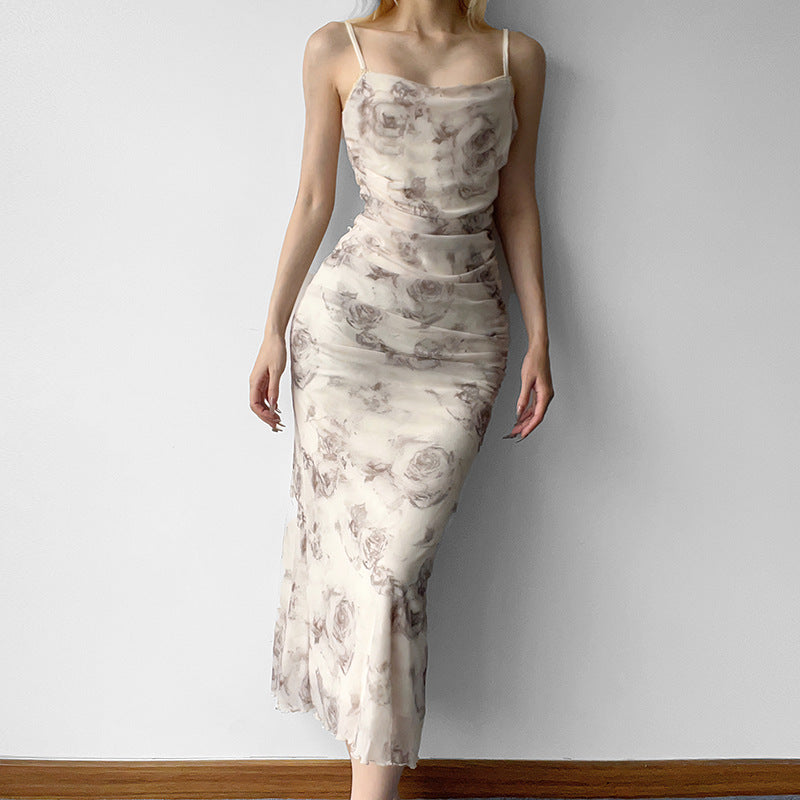 Aiertu - Floral Print Slit Mesh Maxi Dress Aiertu