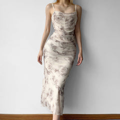 Aiertu - Floral Print Slit Mesh Maxi Dress Aiertu