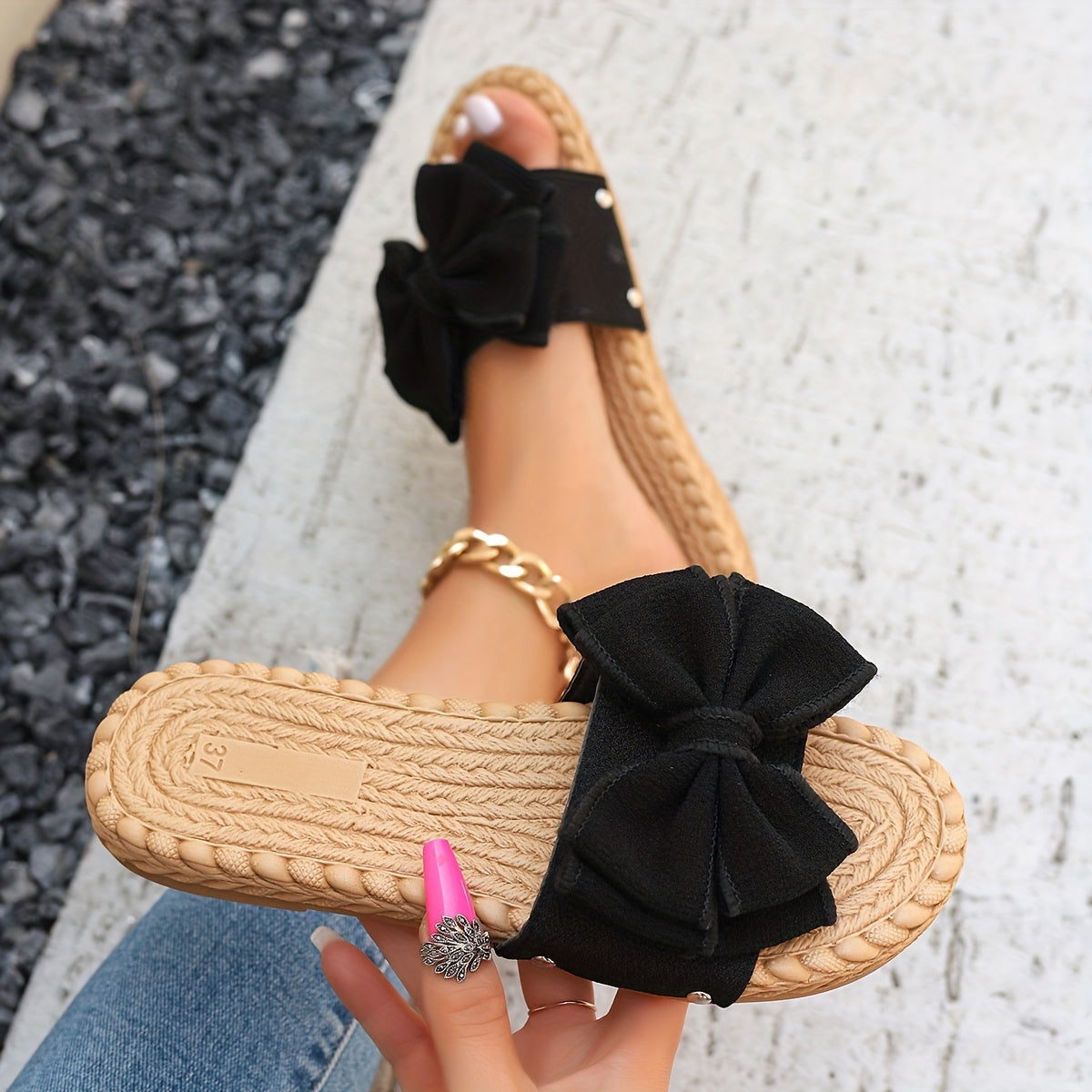 Aiertu [Off-the-Shoulder Summer Sandals] Re Na Qian Qing Women's Summer Slide Sandals - Chic Off-the-Shoulder, Bowknot Design - Fabric Upper, Flat Heel, Open Toe, PU Sole, Handwash/Dry Clean Aiertu
