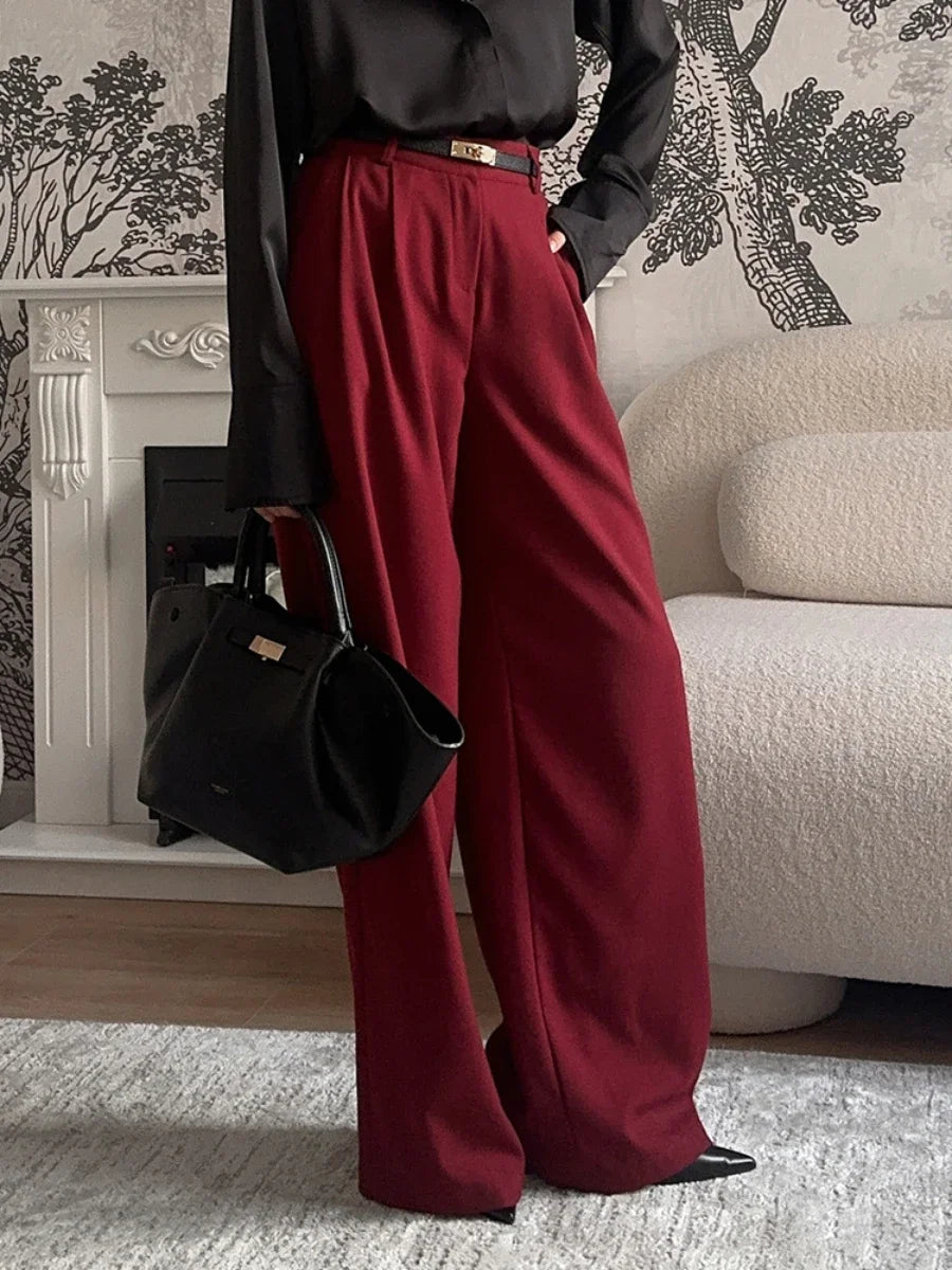 Aiertu  -  Burgundy Wide Leg Pants Women's Pocket Pleated Trousers Fashionable High Waisted Casual Loose Pants  Spring Summer New Aiertu