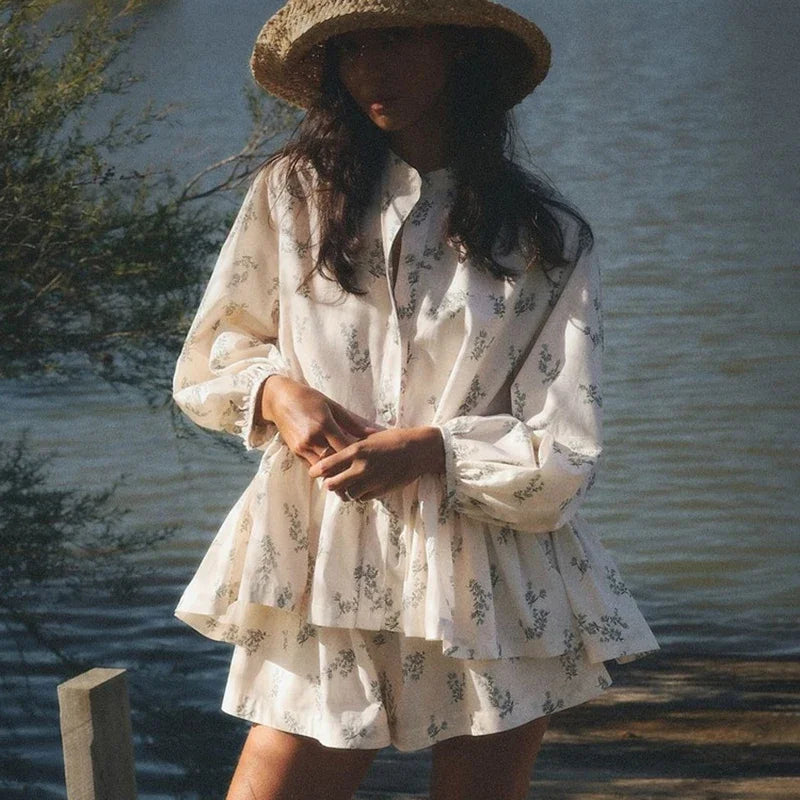 Aiertu  -  Print Shorts Suit Women's Chic Puff Sleeve Ruffled Splice T-Shirt Loose Shorts Matching Set Female Fashion Autumn Outfits Aiertu