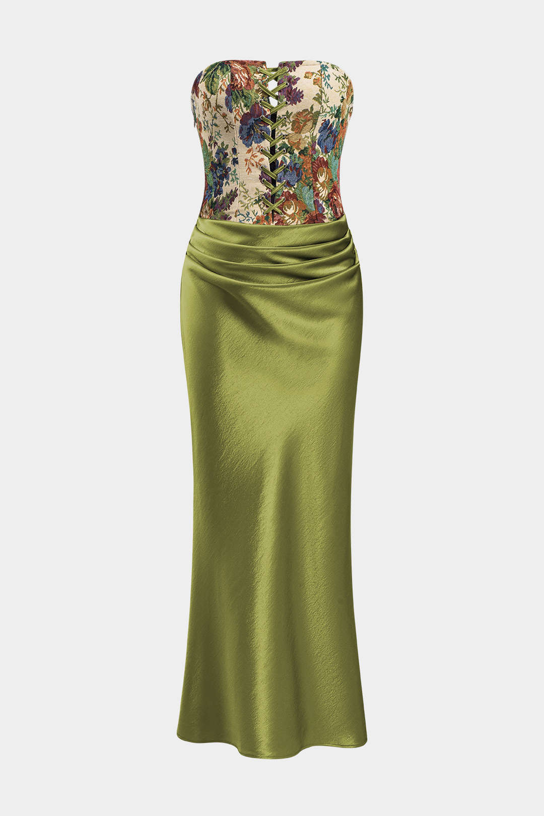 Aiertu  -  Satin Embroidery Ruched Drawstring Strapless Maxi Dress Aiertu