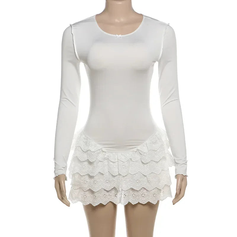 Aiertu       -   Ruffled Long Sleeve Mini Dress Hot Girl Lace Splice Fashion Club Party White Dresses Female Bows Bodycon Outfits Autumn Aiertu