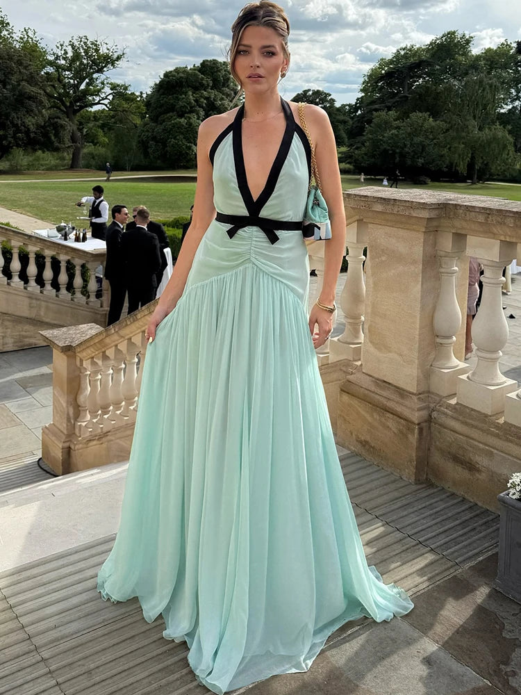 Aiertu  -  Women's French Classic Maxi Dress Panelled Trim Halter Deep V-neck Backless Pleated Long Robe Lady Elegant Evening Robe Aiertu