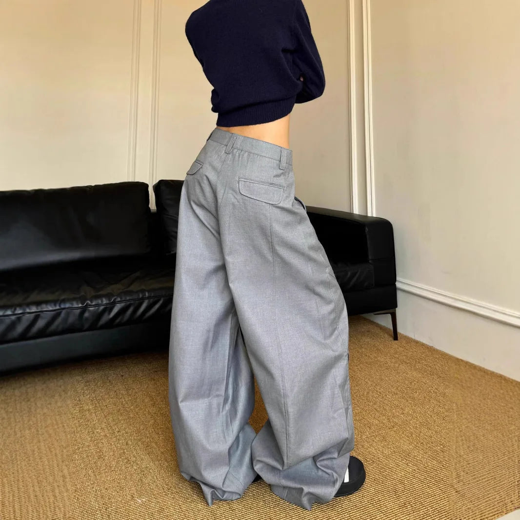 Aiertu  -  Simple and versatile gray scimitar trousers high sense 2026 silhouette loose pleated wide leg drape casual trousers Aiertu