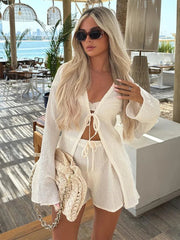 Aiertu  -  New Women White Embroidery Ruffles Pleated Short 2 Piece Sets Female V-neck Flare Full Sleeve Shirt Set Mini shorts Set 2025 Aiertu