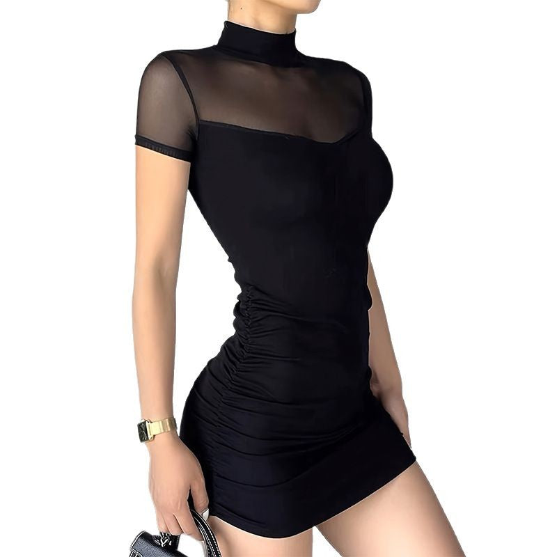 Aiertu  Sexy Hot Girl Half-high Collar Spliced Mesh Slim Dress Pure Desire Style Niche Waist-cinching Pleated Design Bodycon Skirt Aiertu