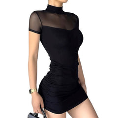 Aiertu  Sexy Hot Girl Half-high Collar Spliced Mesh Slim Dress Pure Desire Style Niche Waist-cinching Pleated Design Bodycon Skirt Aiertu