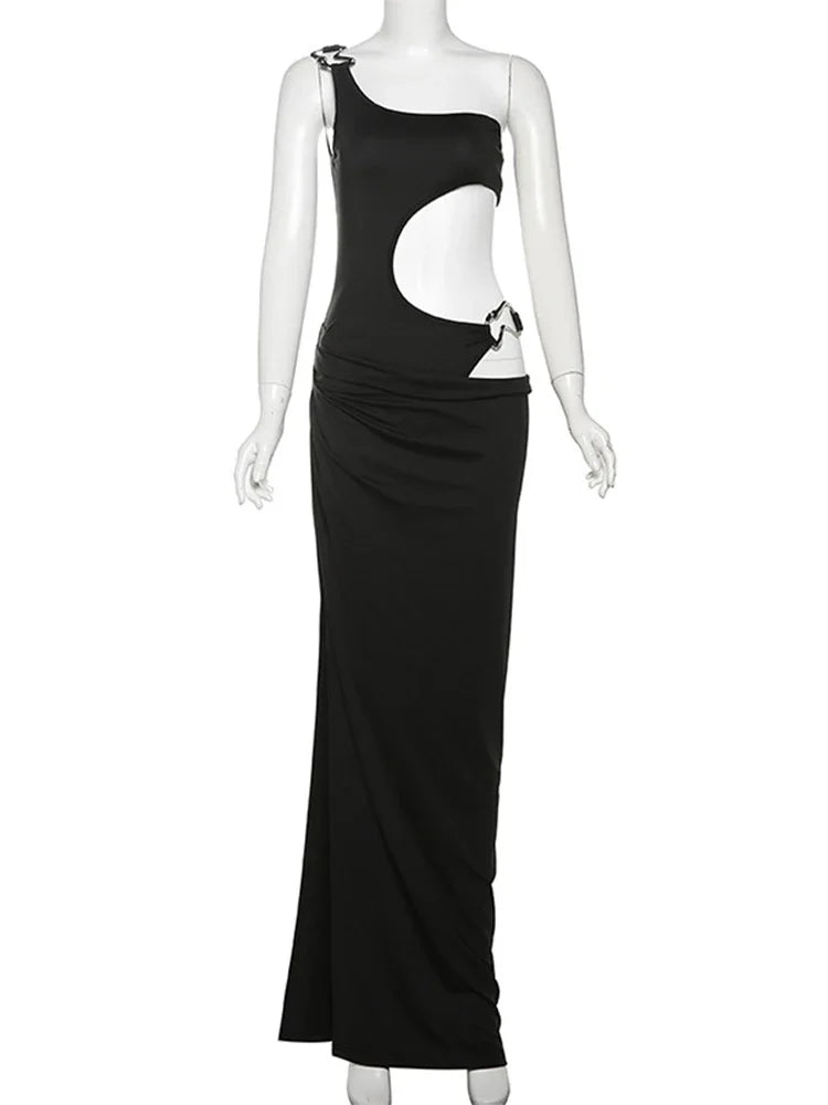 Aiertu  -  Metal Buckle Sexy Dress Women Off Shoulder Irregular Hollow Side Slit Long Dresses Femme Vacation Party Club Maxi Dress Aiertu