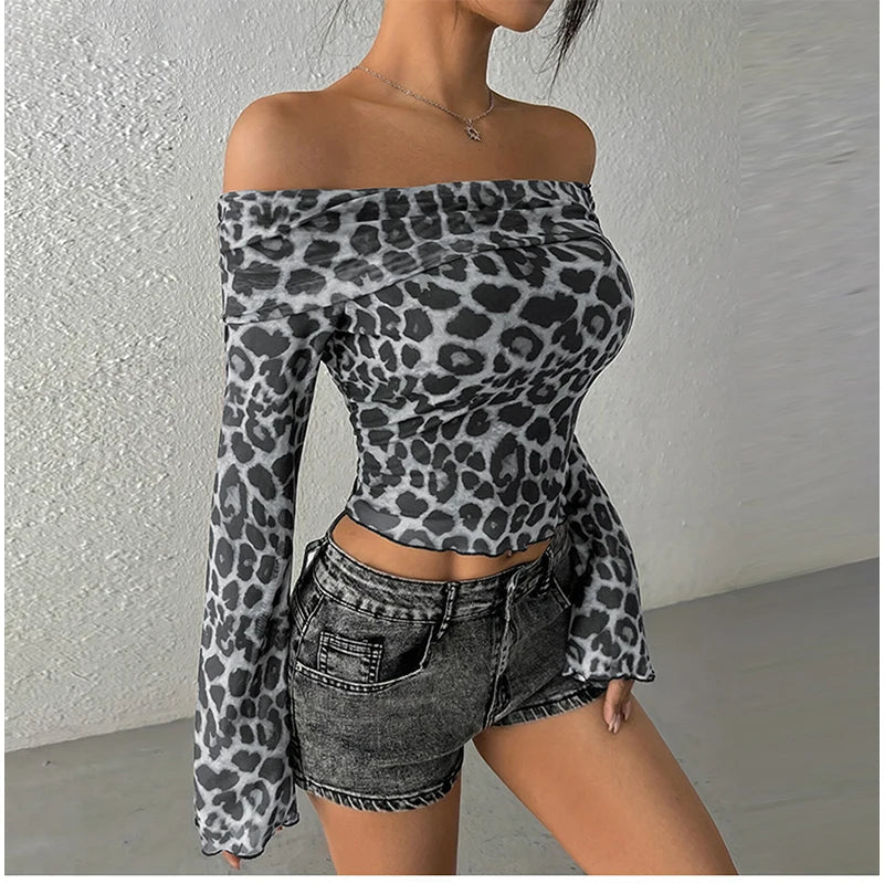 Aiertu  -  Women's Leopard T-shirt Harajuku Korean Y2k Tee Top Vintage Off Shoulder Long Sleeve Slim T-shirts 2000s Trashy Clothes Autumn Aiertu