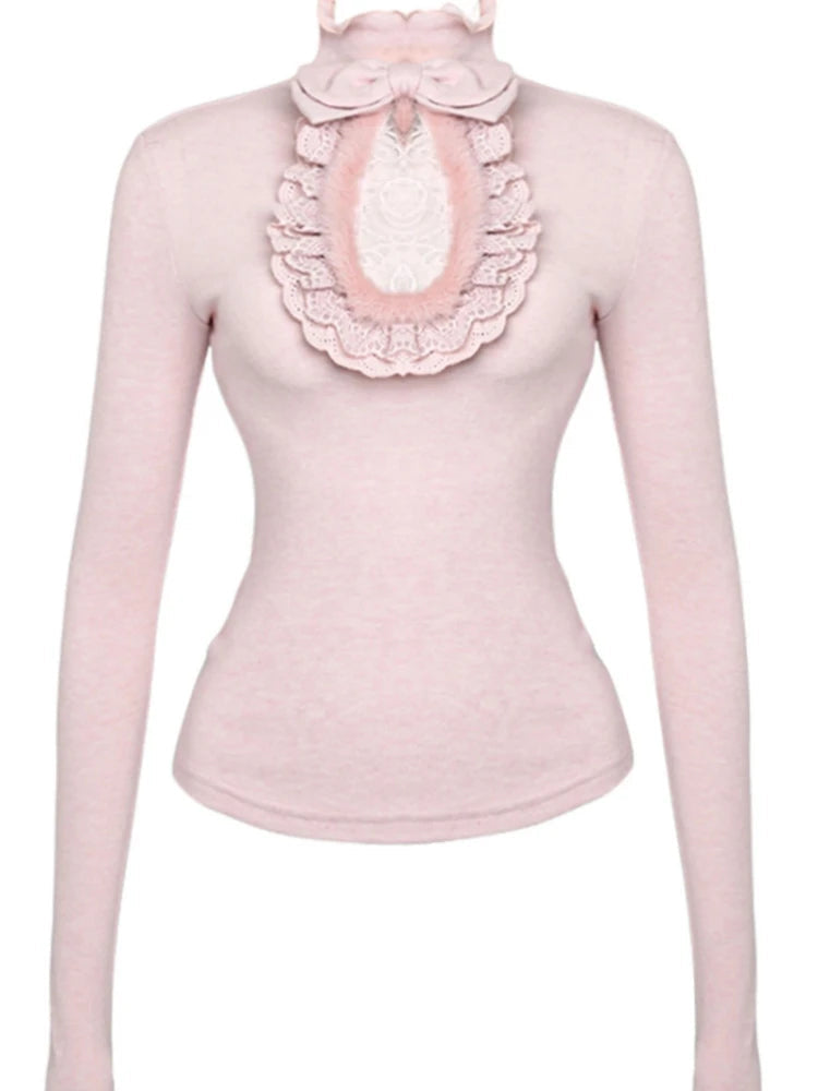 Aiertu  -  Winter Lace Hollow Out Sweet Y2k Aesthetic Women's Tees Fairy Fur Patchwork Bodycon Tops Kawaii Cute Half High Collar T-shirts Aiertu
