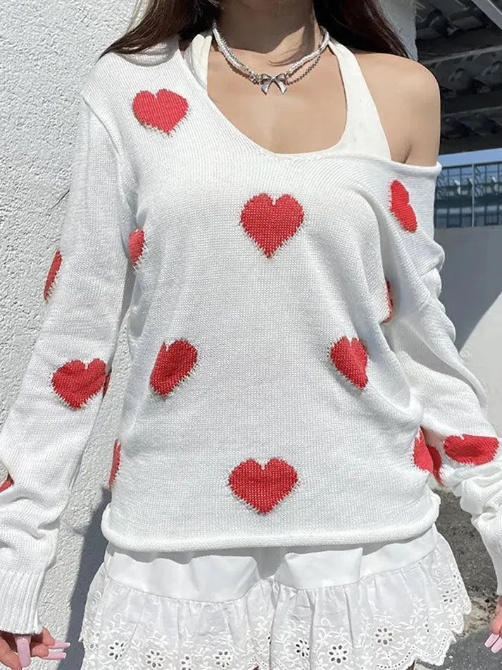 Aiertu  -Heart Print Crew Neck Pullover aiertu