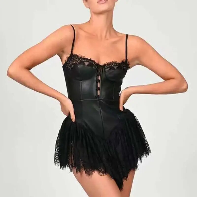 Aiertu - Sexy Solid White Stitching Lace Bra Corset style Spaghetti Strap Mini Dress Women Backless Party Skater Short Sling Robe Aiertu