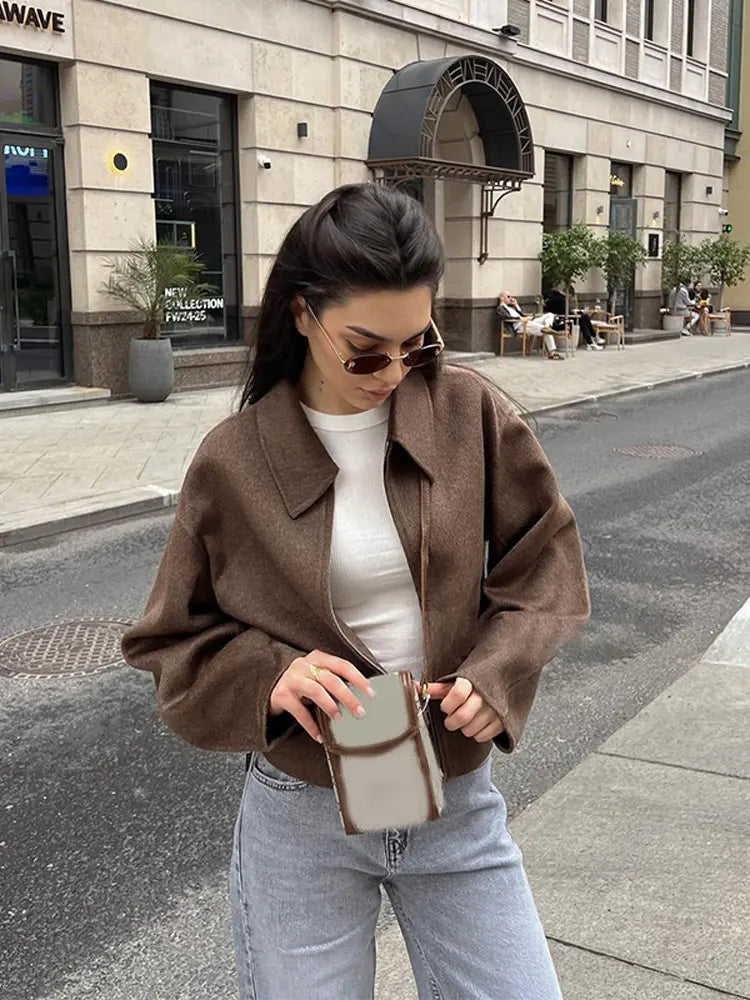 Aiertu  -  Fashion Brown Short Woolen Jacket For Women Elegant Lapel Long Sleeves Zipper Cropped Coats Autumn Chic Lady High Street Outwear Aiertu