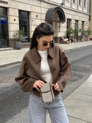 Aiertu  -  Fashion Brown Short Woolen Jacket For Women Elegant Lapel Long Sleeves Zipper Cropped Coats Autumn Chic Lady High Street Outwear Aiertu