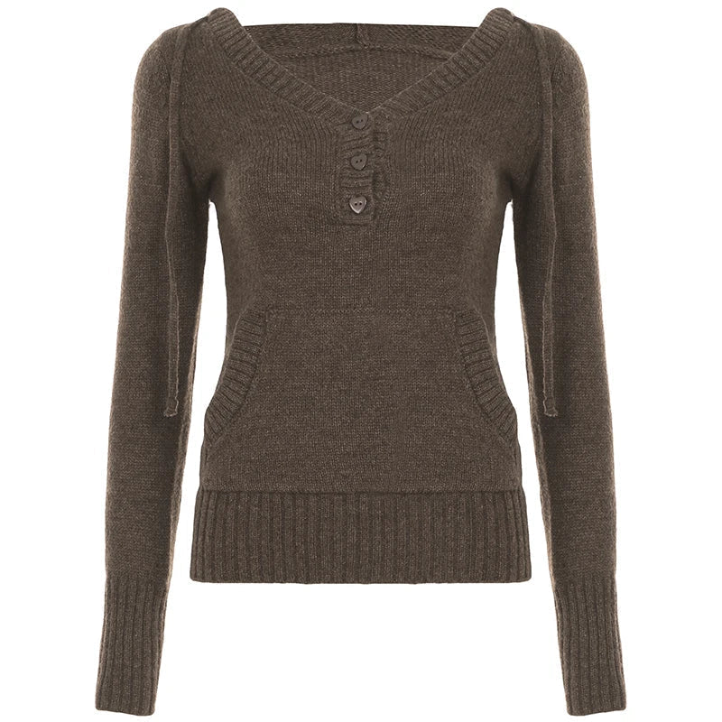 Aiertu  -  Y2K Brown V-neck Hooded Sweater Vintage Basic Slim Button Up Knitted Pullovers Autumn Casual Streetwear Outfits Lady Aiertu