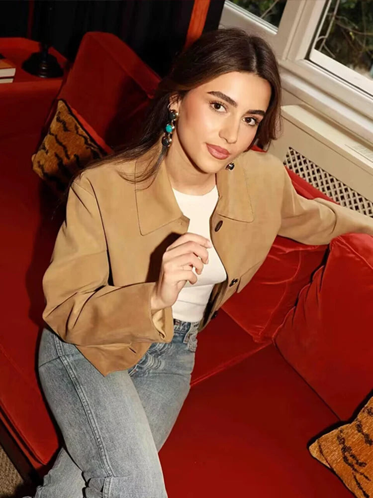 Aiertu  -  Women Flip Collar Long sleeved Chamois Jacket Dark Brown Double Pocket Loose Casual Fashion Classic Short Coat 2026 Autumn New Aiertu
