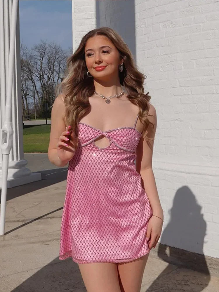 Aiertu  -  Elegant Pink Hollow Out Plaid Sling Dress Women Off Shoulder Backless Loose Sleeveless Mini Dresses 2026 Fashion New Party Gowns Aiertu