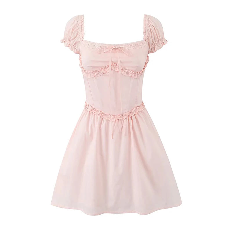 Aiertu  -  Summer Women Elegant Pink Mini Dress Vintage Puff Sleeve Slim Low Waist Birthday Party Dresses Bandage Back Robe Aiertu