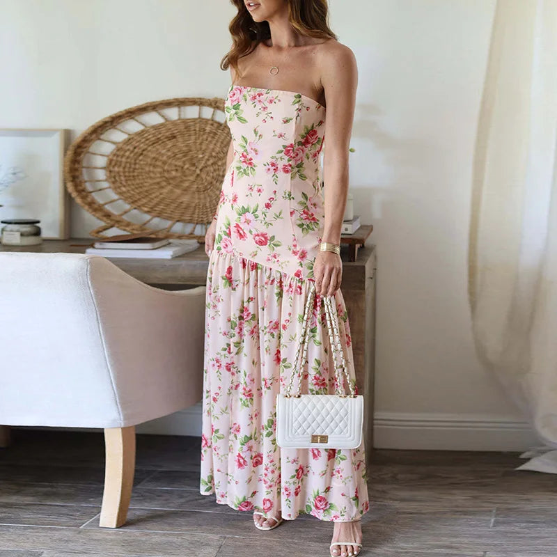 Aiertu  -  Summer Sexy Strapless High Waist Bohemian Dress Casual Backless Beach Long Dresses Floral Print Pleated Split Women's Dress Aiertu